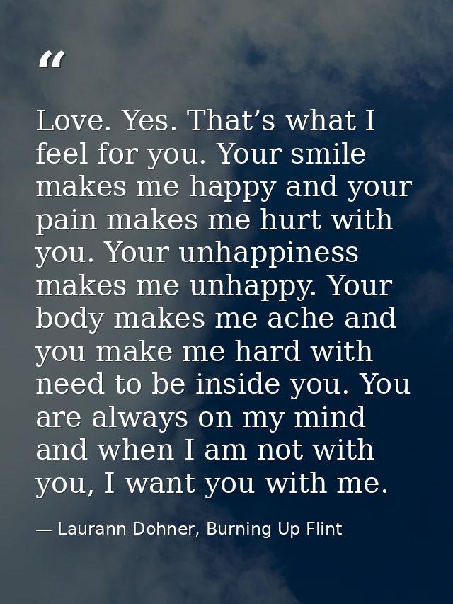 Love. Yes. That’s what I feel for you. Your smile makes me happy and your pain makes me hurt with you. Your unhappiness  — Laurann Dohner, Burning Up Flint