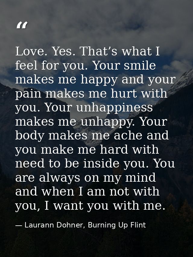 Love. Yes. That’s what I feel for you. Your smile makes me happy and your pain makes me hurt with you. Your unhappiness  — Laurann Dohner, Burning Up Flint