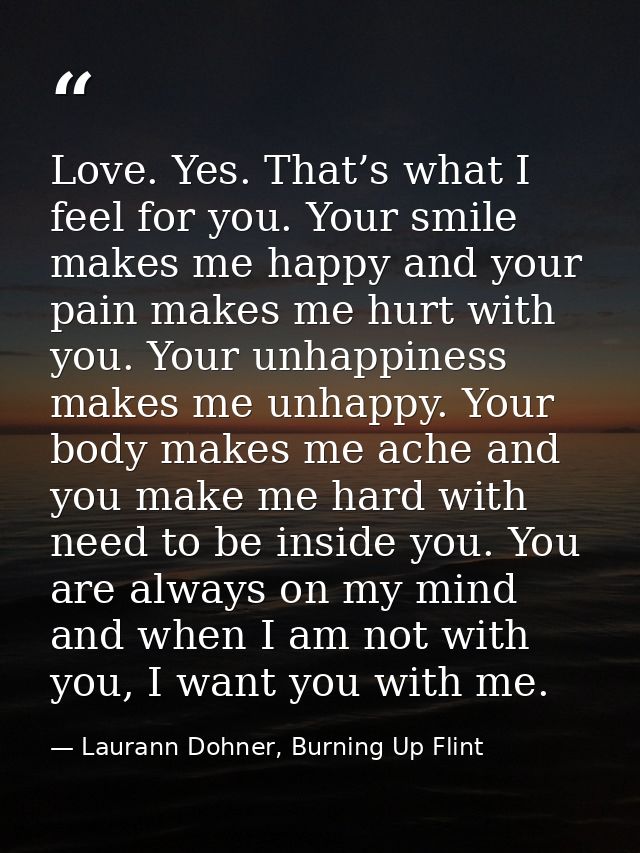 Love. Yes. That’s what I feel for you. Your smile makes me happy and your pain makes me hurt with you. Your unhappiness  — Laurann Dohner, Burning Up Flint