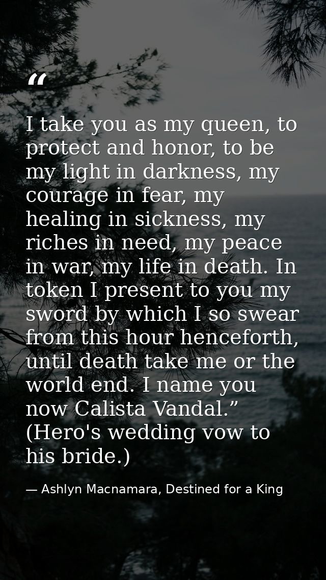 I take you as my queen, to protect and honor, to be my light in darkness, my courage in fear, my healing in sickness, my — Ashlyn Macnamara, Destined for a King