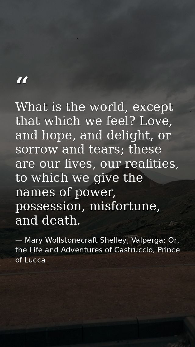 What is the world, except that which we feel? Love, and hope, and delight, or sorrow and tears; these are our lives, our — Mary Wollstonecraft Shelley, Valperga: Or, the Life and Adventures of Castruccio, Prince of Lucca