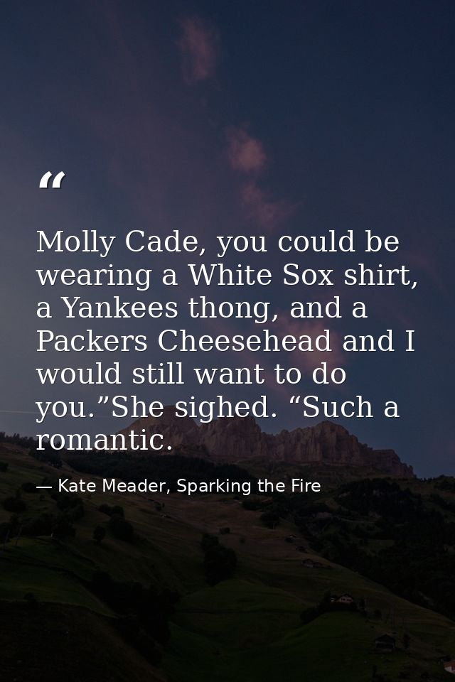 Molly Cade, you could be wearing a White Sox shirt, a Yankees thong, and a Packers Cheesehead and I would still want to  — Kate Meader, Sparking the Fire