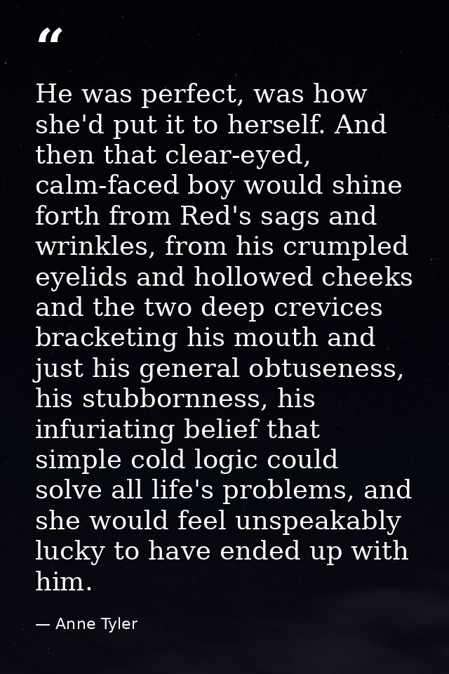 He was perfect, was how she'd put it to herself. And then that clear-eyed, calm-faced boy would shine forth from Red's s — Anne Tyler