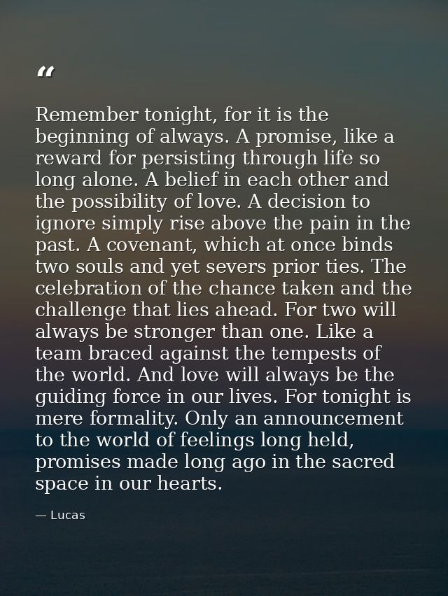 Remember tonight, for it is the beginning of always. A promise, like a reward for persisting through life so long alone. — Lucas