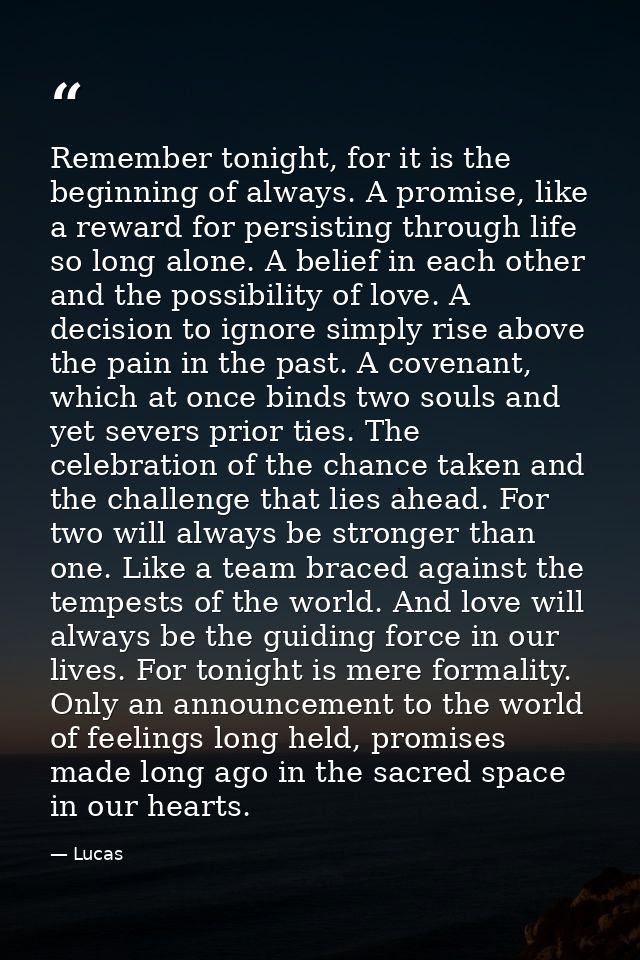 Remember tonight, for it is the beginning of always. A promise, like a reward for persisting through life so long alone. — Lucas