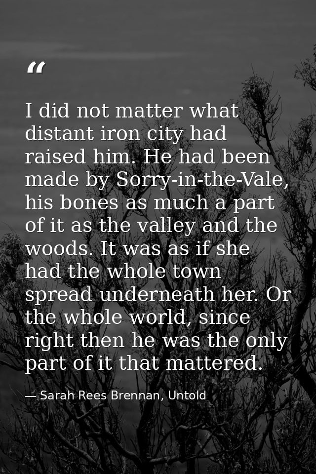 I did not matter what distant iron city had raised him. He had been made by Sorry-in-the-Vale, his bones as much a part  — Sarah Rees Brennan, Untold