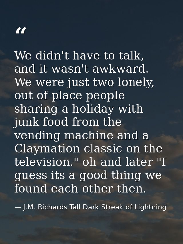 We didn't have to talk, and it wasn't awkward. We were just two lonely, out of place people sharing a holiday with junk  — J.M. Richards Tall Dark Streak of Lightning