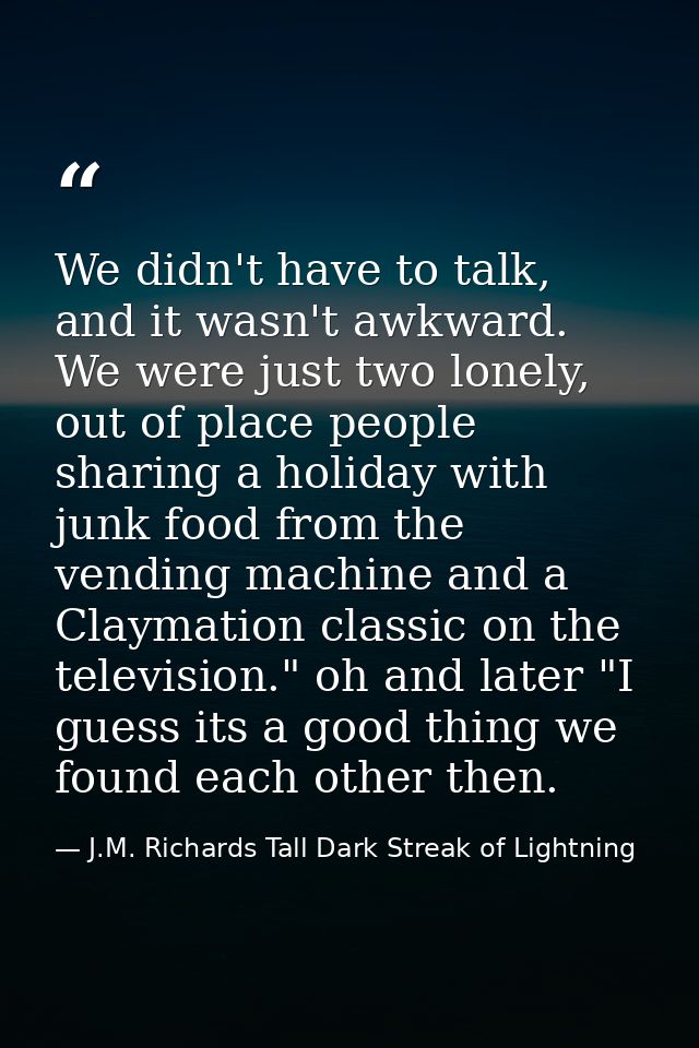 We didn't have to talk, and it wasn't awkward. We were just two lonely, out of place people sharing a holiday with junk  — J.M. Richards Tall Dark Streak of Lightning