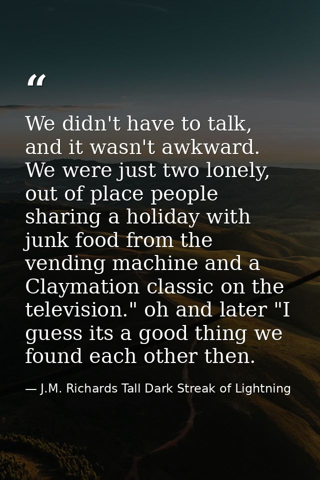We didn't have to talk, and it wasn't awkward. We were just two lonely, out of place people sharing a holiday with junk  — J.M. Richards Tall Dark Streak of Lightning