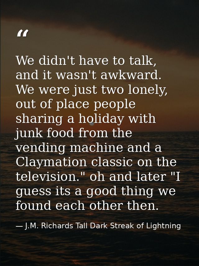 We didn't have to talk, and it wasn't awkward. We were just two lonely, out of place people sharing a holiday with junk  — J.M. Richards Tall Dark Streak of Lightning
