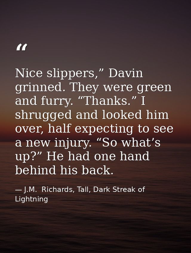 Nice slippers,” Davin grinned. They were green and furry. “Thanks.” I shrugged and looked him over, half expecting to se — J.M.  Richards, Tall, Dark Streak of Lightning