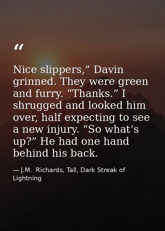 Nice slippers,” Davin grinned. They were green and furry. “Thanks.” I shrugged and looked him over, half expecting to se — J.M.  Richards, Tall, Dark Streak of Lightning