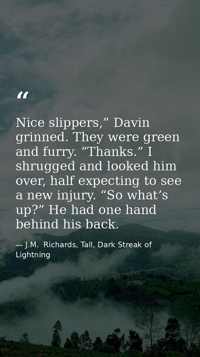 Nice slippers,” Davin grinned. They were green and furry. “Thanks.” I shrugged and looked him over, half expecting to se — J.M.  Richards, Tall, Dark Streak of Lightning
