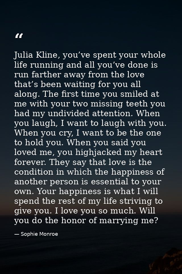 Julia Kline, you’ve spent your whole life running and all you’ve done is run farther away from the love that’s been wait — Sophie Monroe