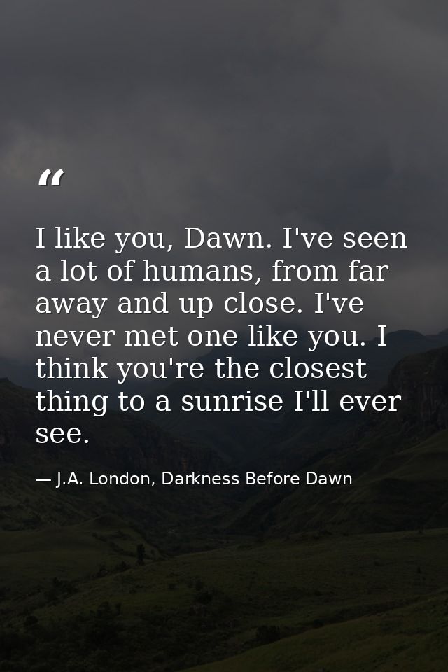 I like you, Dawn. I've seen a lot of humans, from far away and up close. I've never met one like you. I think you're the — J.A. London, Darkness Before Dawn