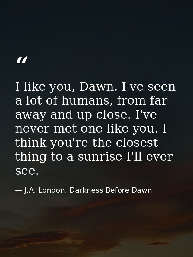I like you, Dawn. I've seen a lot of humans, from far away and up close. I've never met one like you. I think you're the — J.A. London, Darkness Before Dawn