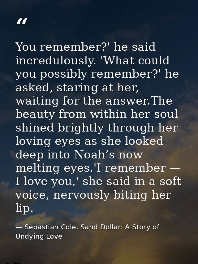 You remember?' he said incredulously. 'What could you possibly remember?' he asked, staring at her, waiting for the answ — Sebastian Cole, Sand Dollar: A Story of Undying Love