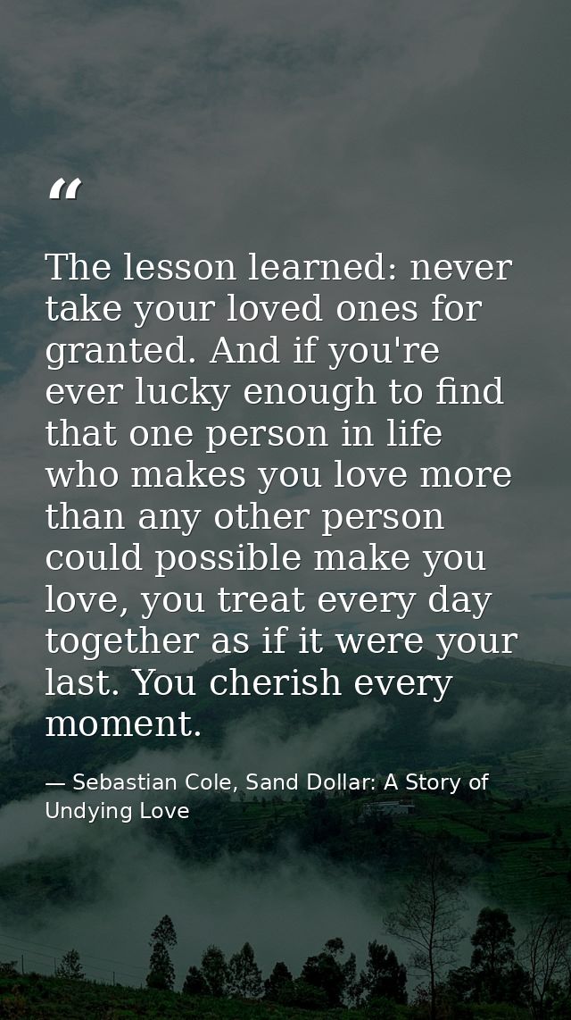 The lesson learned: never take your loved ones for granted. And if you're ever lucky enough to find that one person in l — Sebastian Cole, Sand Dollar: A Story of Undying Love