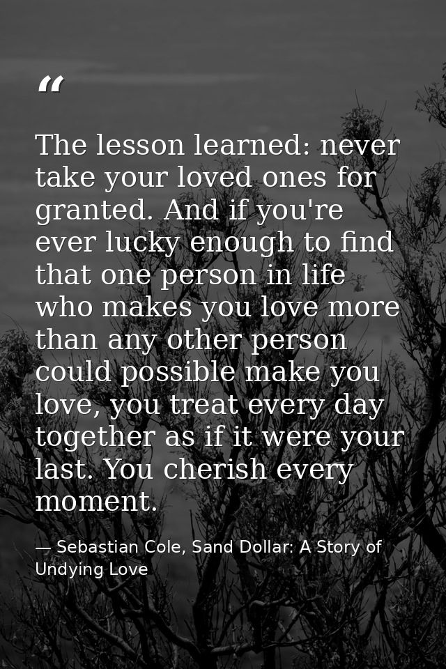The lesson learned: never take your loved ones for granted. And if you're ever lucky enough to find that one person in l — Sebastian Cole, Sand Dollar: A Story of Undying Love