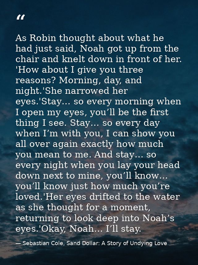 As Robin thought about what he had just said, Noah got up from the chair and knelt down in front of her. 'How about I gi — Sebastian Cole, Sand Dollar: A Story of Undying Love