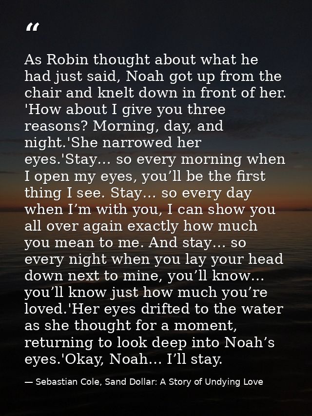 As Robin thought about what he had just said, Noah got up from the chair and knelt down in front of her. 'How about I gi — Sebastian Cole, Sand Dollar: A Story of Undying Love