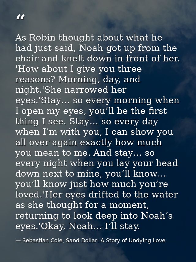As Robin thought about what he had just said, Noah got up from the chair and knelt down in front of her. 'How about I gi — Sebastian Cole, Sand Dollar: A Story of Undying Love