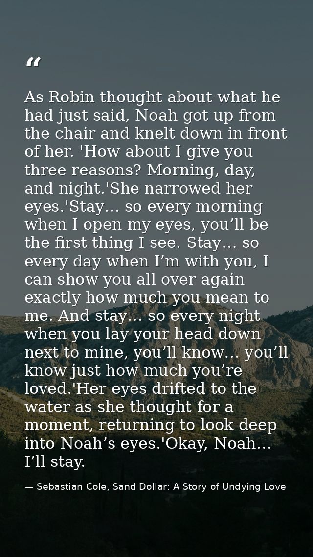 As Robin thought about what he had just said, Noah got up from the chair and knelt down in front of her. 'How about I gi — Sebastian Cole, Sand Dollar: A Story of Undying Love