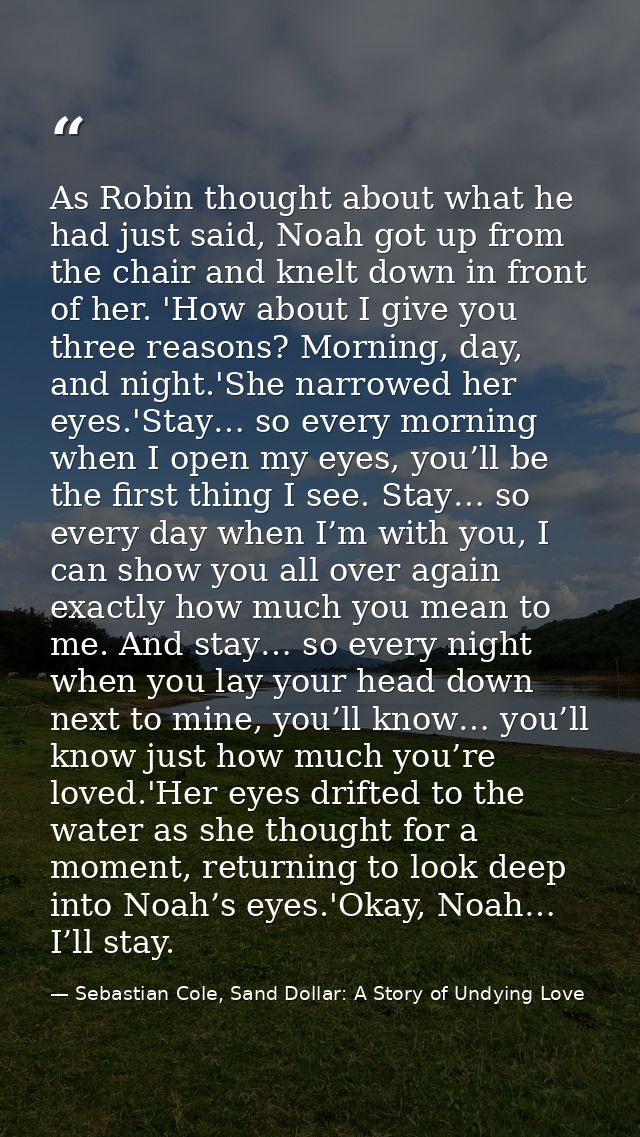 As Robin thought about what he had just said, Noah got up from the chair and knelt down in front of her. 'How about I gi — Sebastian Cole, Sand Dollar: A Story of Undying Love