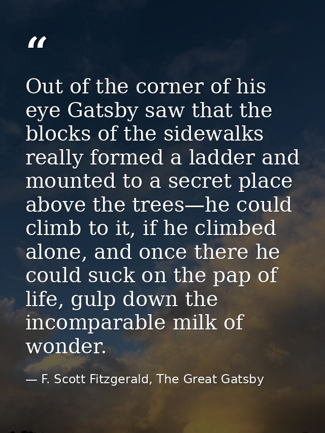 Out of the corner of his eye Gatsby saw that the blocks of the sidewalks really formed a ladder and mounted to a secret  — F. Scott Fitzgerald, The Great Gatsby