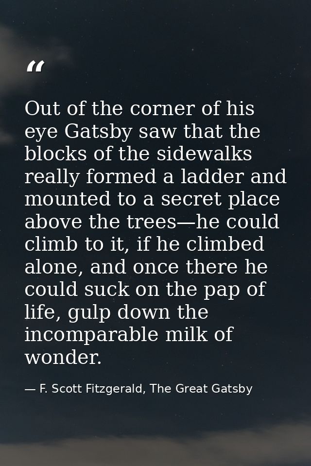 Out of the corner of his eye Gatsby saw that the blocks of the sidewalks really formed a ladder and mounted to a secret  — F. Scott Fitzgerald, The Great Gatsby