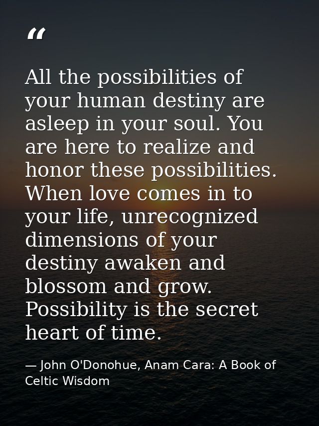 All the possibilities of your human destiny are asleep in your soul. You are here to realize and honor these possibiliti — John O'Donohue, Anam Cara: A Book of Celtic Wisdom