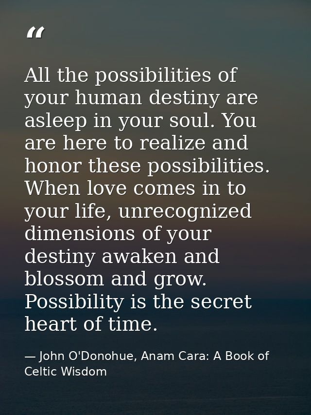 All the possibilities of your human destiny are asleep in your soul. You are here to realize and honor these possibiliti — John O'Donohue, Anam Cara: A Book of Celtic Wisdom