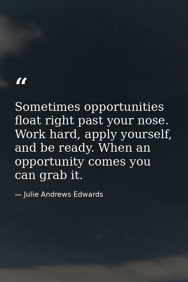 Sometimes opportunities float right past your nose. Work hard, apply yourself, and be ready. When an opportunity comes y — Julie Andrews Edwards