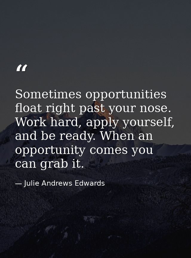 Sometimes opportunities float right past your nose. Work hard, apply yourself, and be ready. When an opportunity comes y — Julie Andrews Edwards