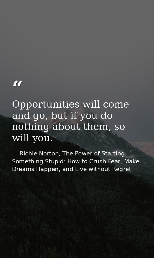 Opportunities will come and go, but if you do nothing about them, so will you. — Richie Norton, The Power of Starting Something Stupid: How to Crush Fear, Make Dreams Happen, and Live without Regret
