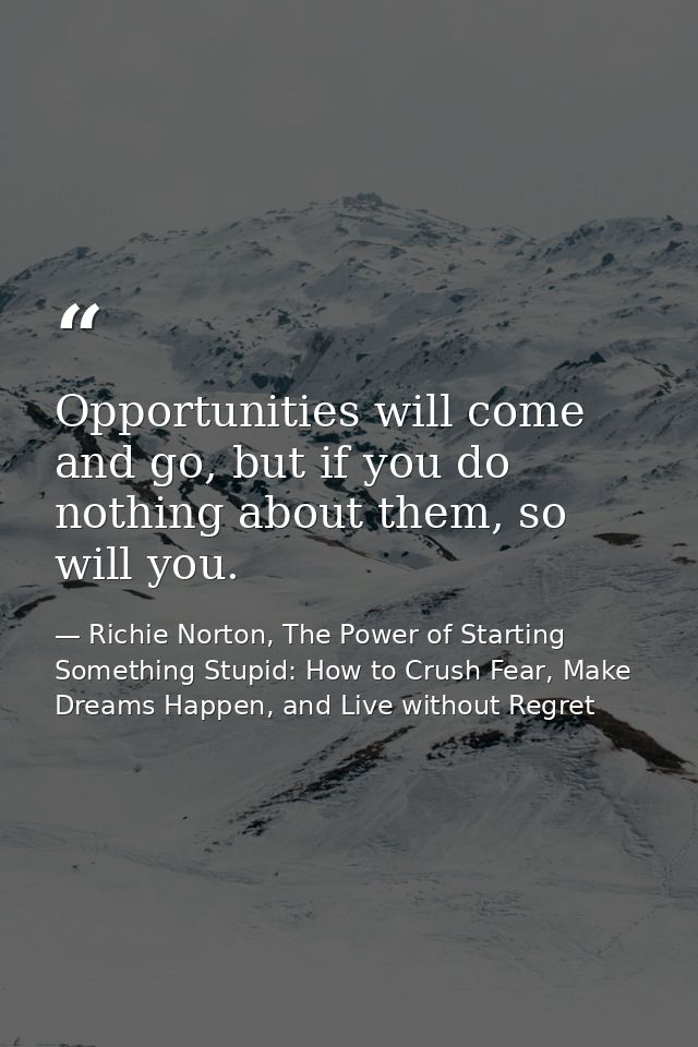 Opportunities will come and go, but if you do nothing about them, so will you. — Richie Norton, The Power of Starting Something Stupid: How to Crush Fear, Make Dreams Happen, and Live without Regret