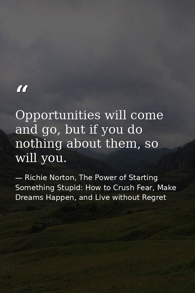Opportunities will come and go, but if you do nothing about them, so will you. — Richie Norton, The Power of Starting Something Stupid: How to Crush Fear, Make Dreams Happen, and Live without Regret