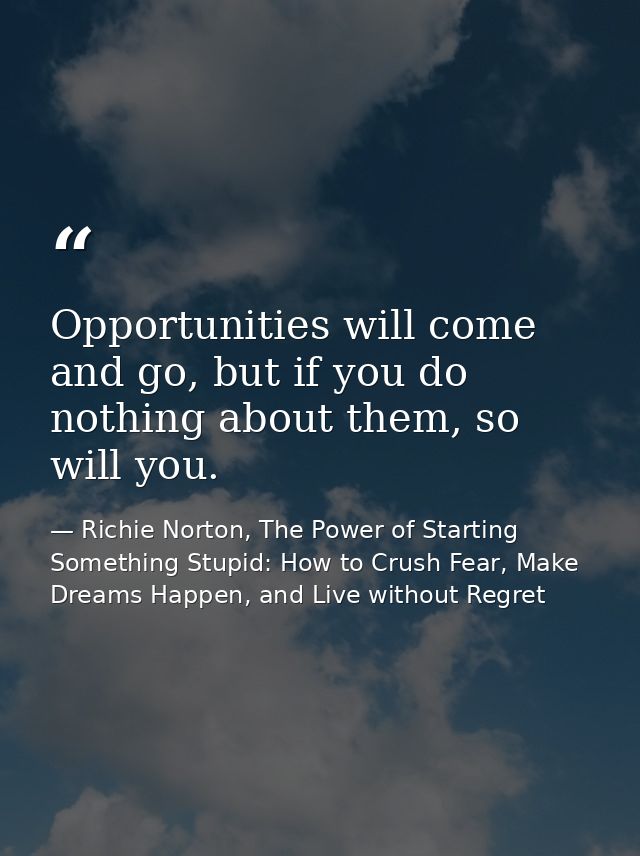 Opportunities will come and go, but if you do nothing about them, so will you. — Richie Norton, The Power of Starting Something Stupid: How to Crush Fear, Make Dreams Happen, and Live without Regret