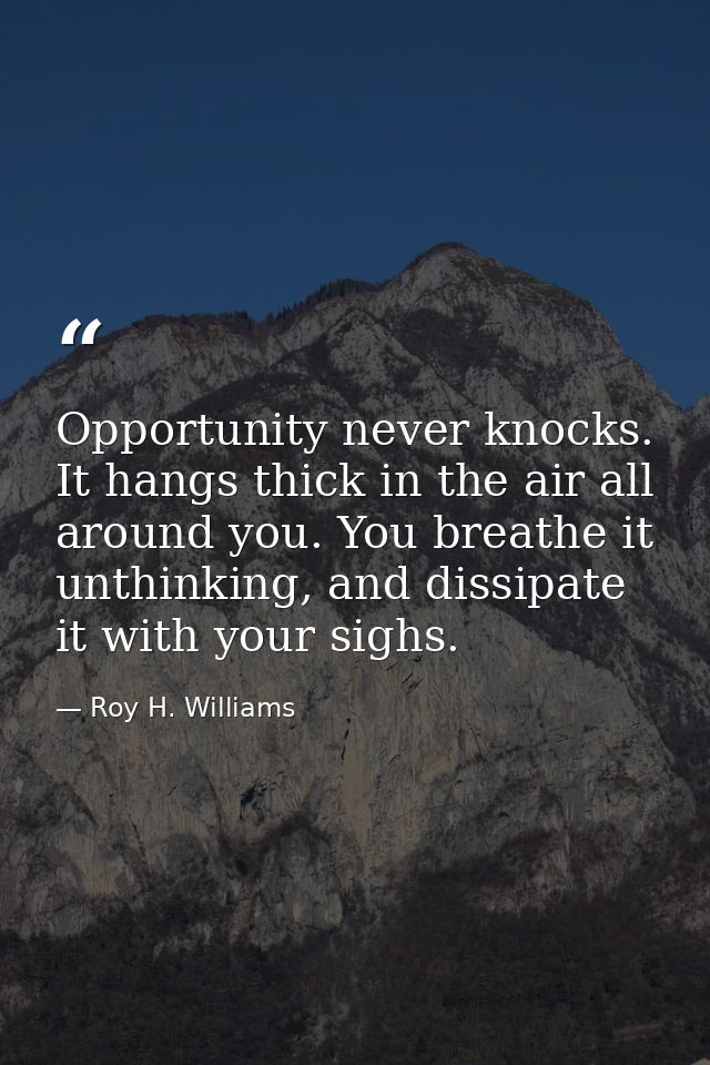 Opportunity never knocks. It hangs thick in the air all around you. You breathe it unthinking, and dissipate it with you — Roy H. Williams