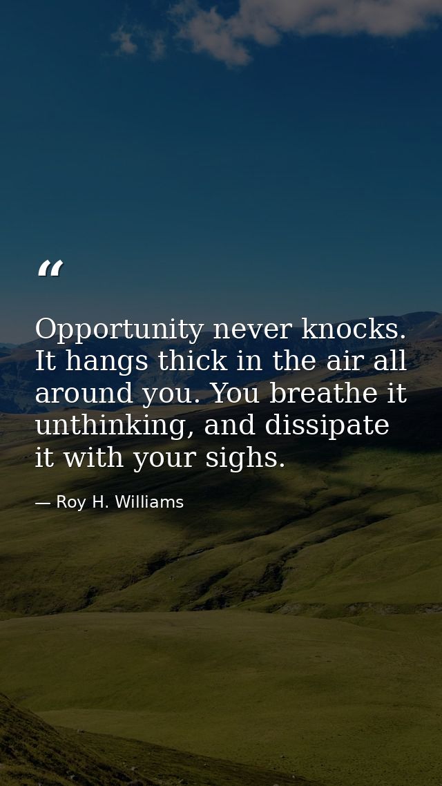 Opportunity never knocks. It hangs thick in the air all around you. You breathe it unthinking, and dissipate it with you — Roy H. Williams