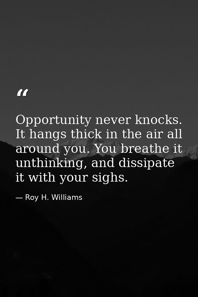 Opportunity never knocks. It hangs thick in the air all around you. You breathe it unthinking, and dissipate it with you — Roy H. Williams