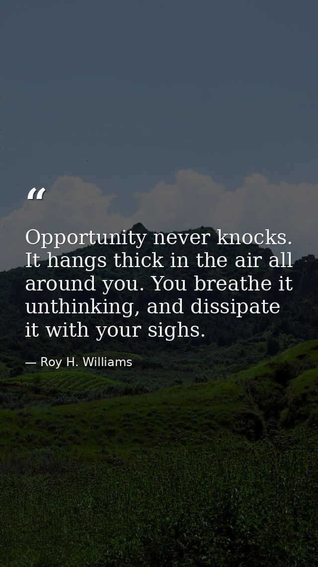 Opportunity never knocks. It hangs thick in the air all around you. You breathe it unthinking, and dissipate it with you — Roy H. Williams