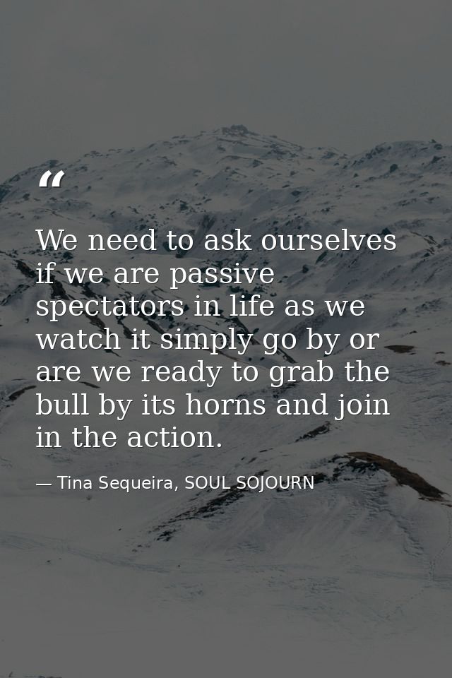 We need to ask ourselves if we are passive spectators in life as we watch it simply go by or are we ready to grab the bu — Tina Sequeira, SOUL SOJOURN