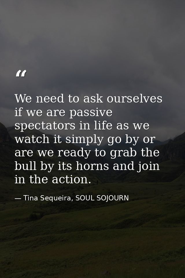 We need to ask ourselves if we are passive spectators in life as we watch it simply go by or are we ready to grab the bu — Tina Sequeira, SOUL SOJOURN
