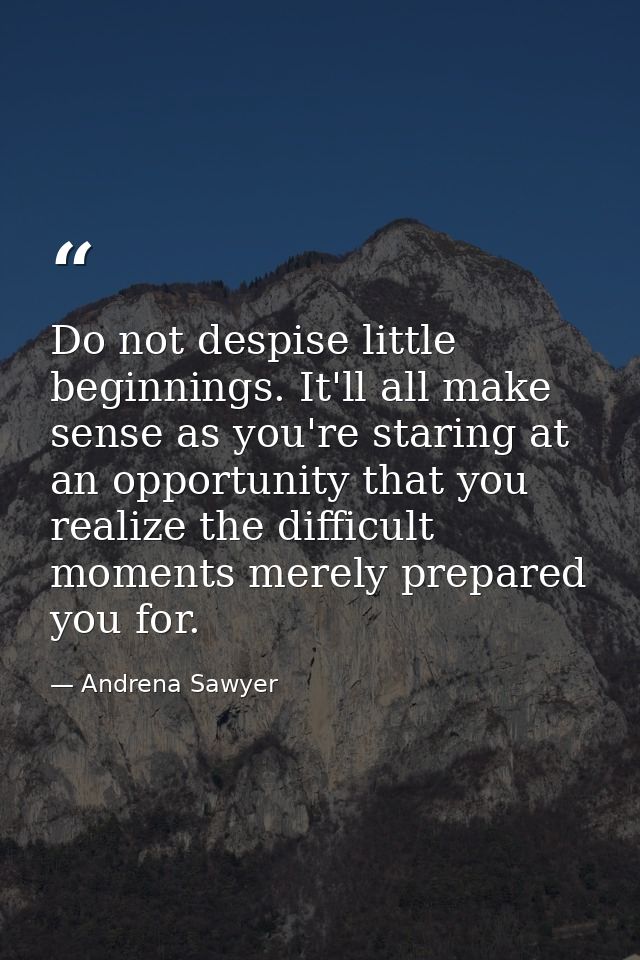 Do not despise little beginnings. It'll all make sense as you're staring at an opportunity that you realize the difficul — Andrena Sawyer