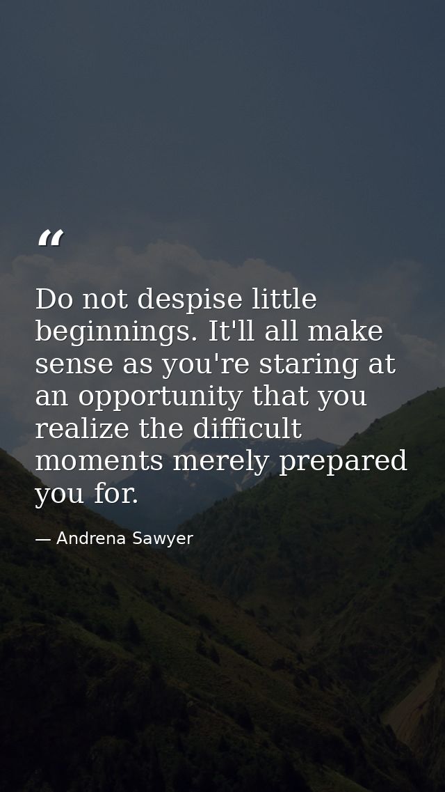 Do not despise little beginnings. It'll all make sense as you're staring at an opportunity that you realize the difficul — Andrena Sawyer