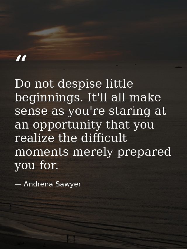 Do not despise little beginnings. It'll all make sense as you're staring at an opportunity that you realize the difficul — Andrena Sawyer