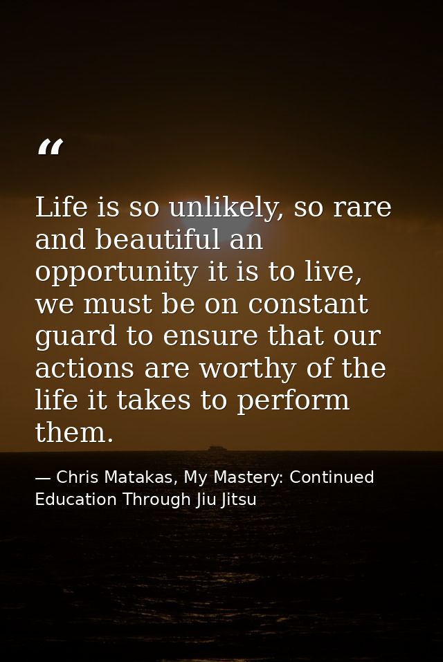 Life is so unlikely, so rare and beautiful an opportunity it is to live, we must be on constant guard to ensure that our — Chris Matakas, My Mastery: Continued Education Through Jiu Jitsu