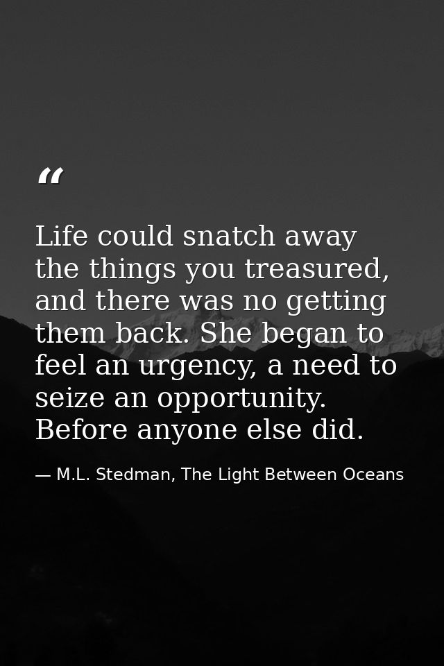 Life could snatch away the things you treasured, and there was no getting them back. She began to feel an urgency, a nee — M.L. Stedman, The Light Between Oceans