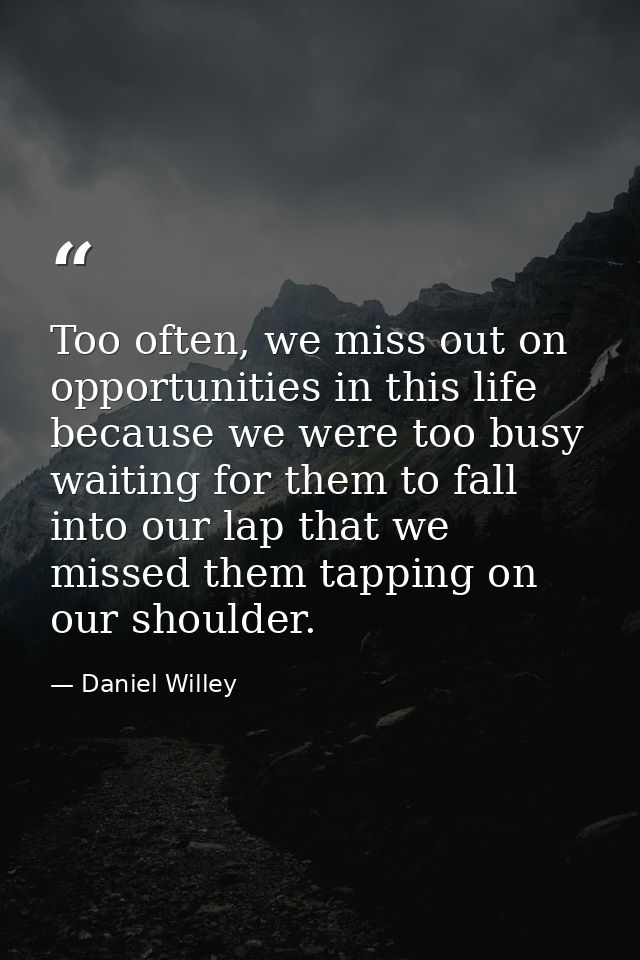 Too often, we miss out on opportunities in this life because we were too busy waiting for them to fall into our lap that — Daniel Willey
